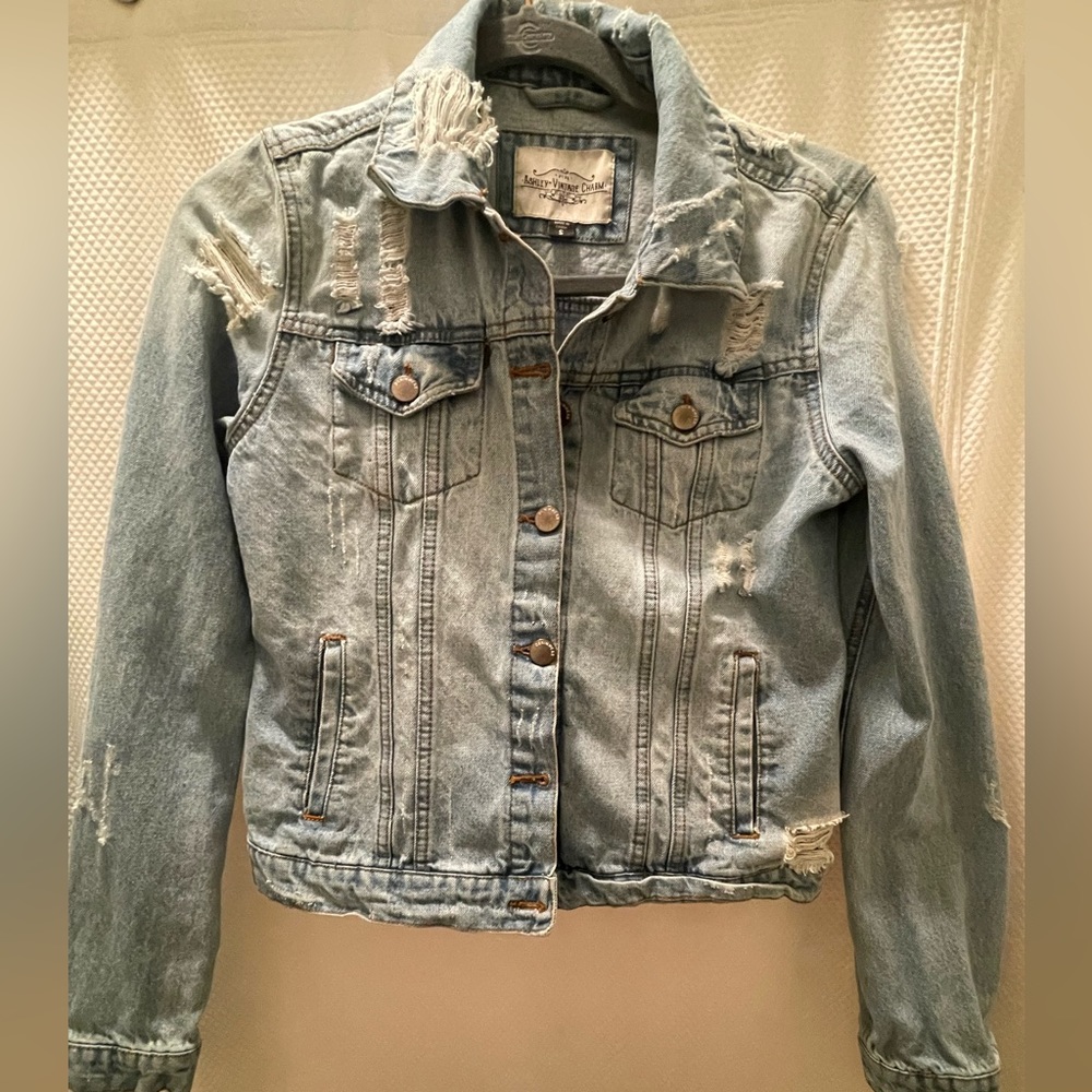 Light Denim Distressed Jean Jacket- S
